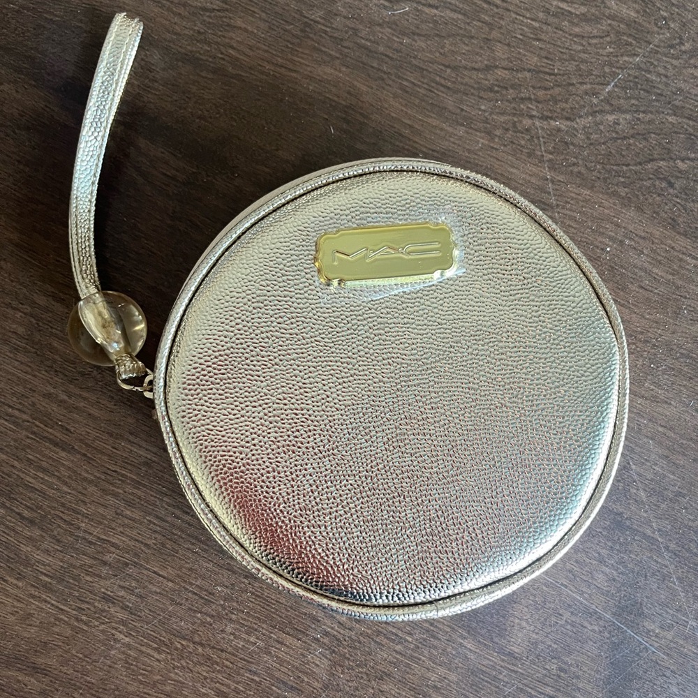 MAC Cosmetics Metallic Gold Round Makeup Bag Wristlet Pouch Circular Gold Logo